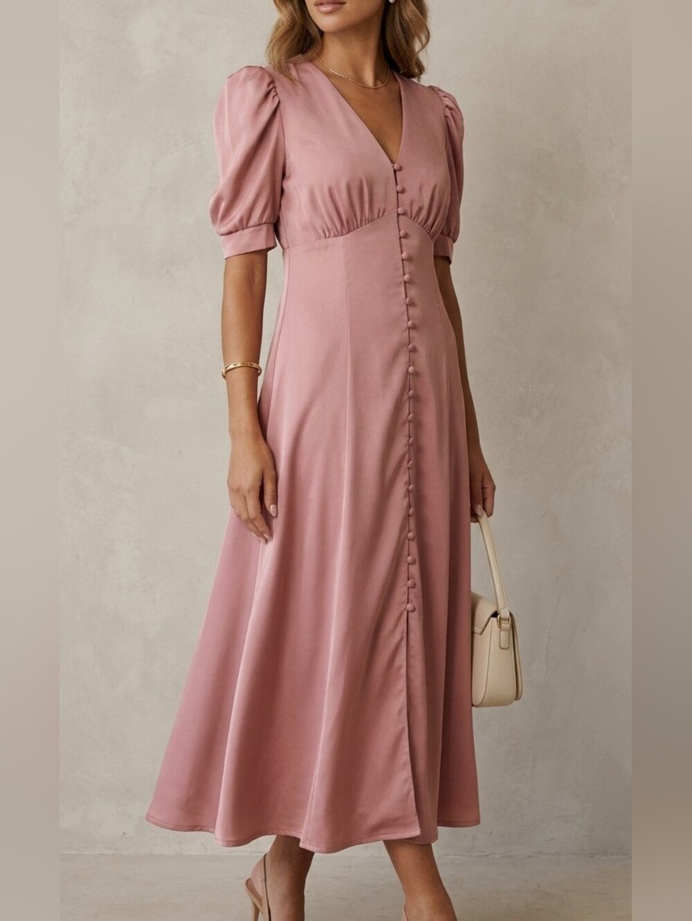 Blush Pink Satin Puff Sleeve Midi Dress Pink Size S NWT Button Front A-Line